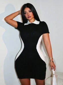 Zolique Women's Solid Color Patchwork Front Zipper Short Sleeved Casual Slim Fit Polo Collar Hip Hugging Mini Dress - Black and White - View 5