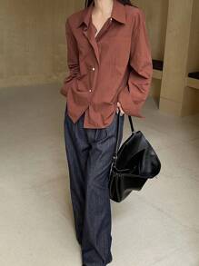 DAZY 女士休闲纯色长袖单排扣宽松衬衫，秋季女装