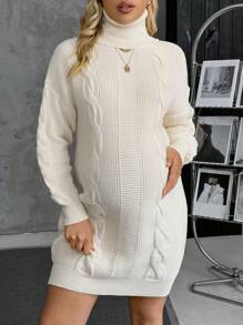 SHEIN Turtleneck Cable Knit Maternity Long Sweater Top, For Winter - White - View 5