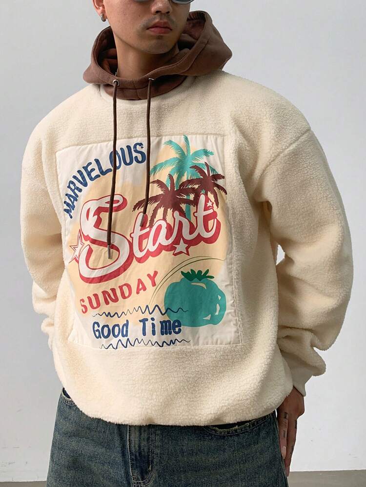 1pc Men's Patch Printed Fleece Hoodie, Autumn,Winter