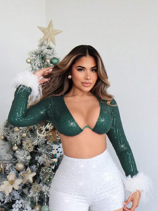 SHEIN SXY Top corto con lentejuelas sexy y elegante para mujeres, perfecto para Navidad y Año Nuevo