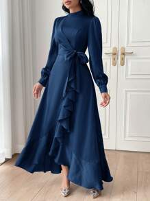 Modelyn Women Fashion Solid Color Belted Long Sleeve Dress,Elegant Evening Party Dress Long Evening Dresses