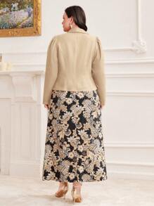 Modelyn 2pcs Plus Size Elegant Solid Color Jacket And Floral Print Slip Dress Set, Suitable For Autumn 2 Pieces Set