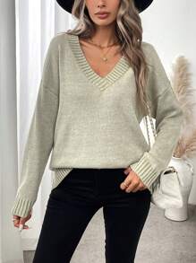 SHEIN LUNE Women's Casual V-Neck Loose Knit Sweater, Plain Color, Suitable For Autumn/Winter - Khaki - View 4