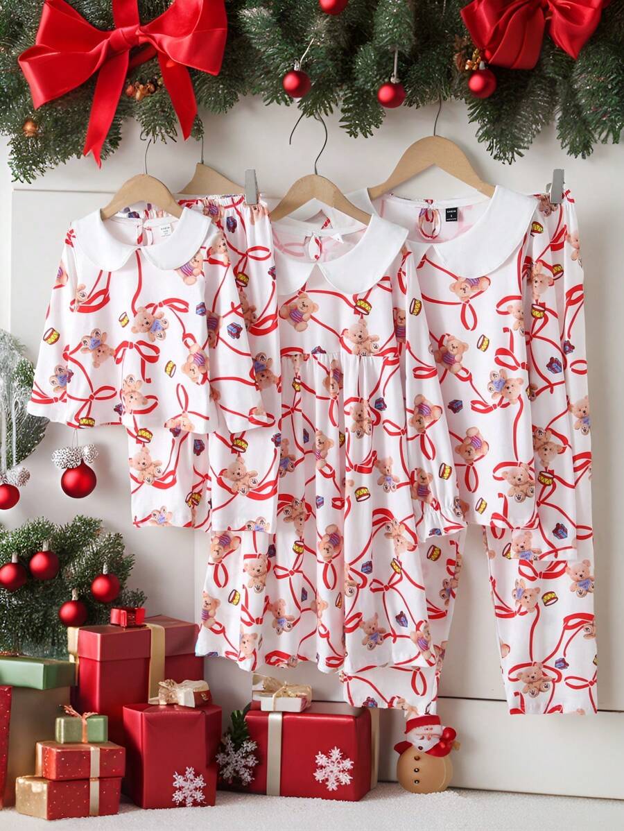 2pcs Young Girls Bow Tie Ribbon Bear Gift Graphic Print Long Sleeve Peter Pan Collar Top & Casual Pants Comfortable Home Set - Multicolor - View 1