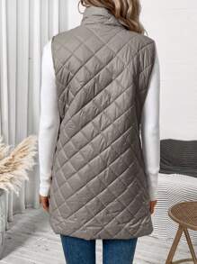 SHEIN Clasi Áo khoác chần bông cổ đứng màu trơn giản dị dành cho nữ, mùa thu/đông - Màu xám đen - Xem 2