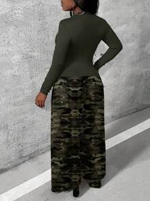 Slaydiva Bộ 2 áo thun cổ tròn tay dài ôm vừa vặn và quần ống rộng cạp cao họa tiết rằn ri cỡ lớn, mùa thu/đông - Nhiều màu - Xem 2