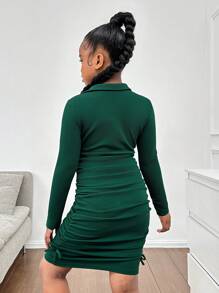 SHEIN 女童罗纹 V 领衬衫领合身褶饰蝴蝶结长袖休闲连衣裙，秋冬