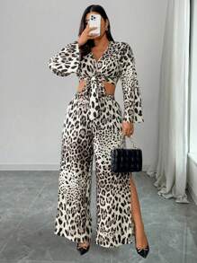 Flirla 2pcs Plus Size Women Leopard Print Tie Front Long Sleeve Cropped Top And Wide Leg Pants Fashion Set, Fall - Multicolor - View 1