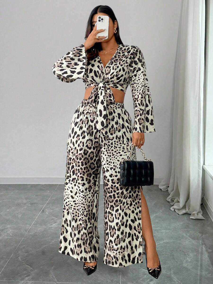Flirla 2pcs Plus Size Women Leopard Print Tie Front Long Sleeve Cropped Top And Wide Leg Pants Fashion Set, Fall - Multicolor - View 1