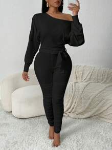 SHEIN SXY Tuta aderente con spalle oblique di colore bianco, abbigliamento comodo per la casa - nero - Visualizzare 4