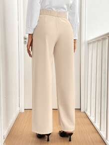 SHEIN Frenchy Women Simple Solid Color Elegant Tie-Front Fold Pleated Pocket Wide Leg Pants Winter Brown - Khaki - View 2