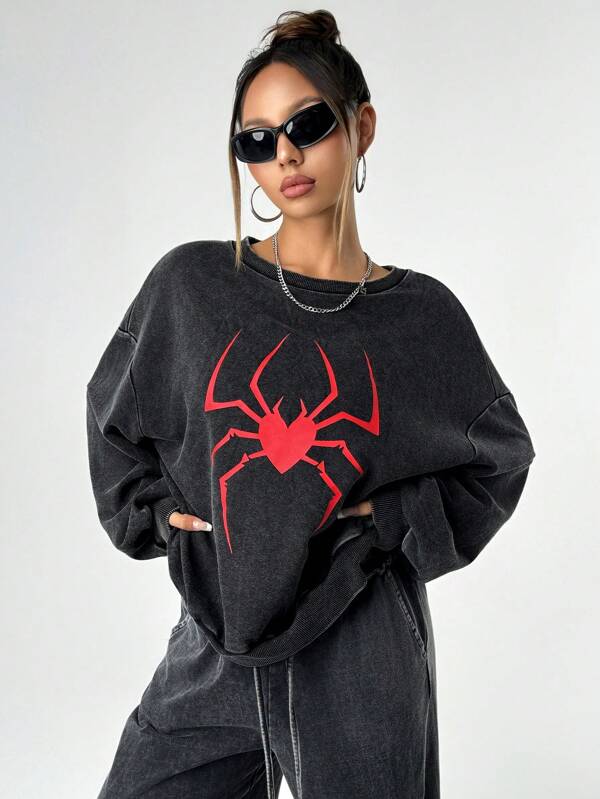 SHEIN ICON Women Spider Logo Print Drop Shoulder Long Sleeve Sweatshirt, Autumn