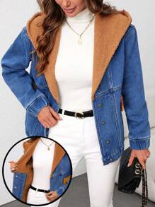 SHEIN LUNE Women's Casual Single-Breasted Denim Fleece Hooded Jacket, Autumn/WinterThermal Thickened Denim - Blue - View 8