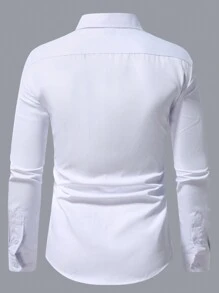 Manfinity Homme 男士纯色口袋设计休闲商务衬衫，秋季 - 白色 - 查看 2