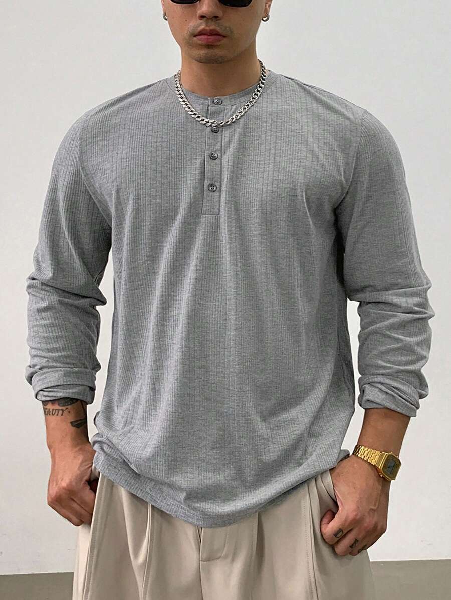 DAZY 1pc Men Plain Color Front Button Long Sleeve Casual T-Shirt Fall,Winter - Grey - View 1