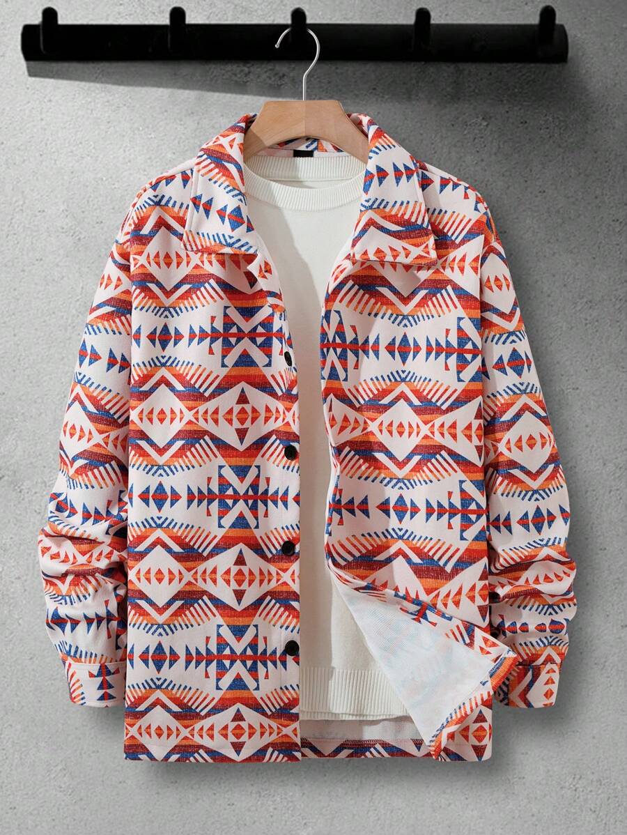 Manfinity Homme 男士几何印花长袖休闲单排扣秋季夹克，男士夹克，秋冬男装，冬季男士夹克 - 彩色 - 查看 1