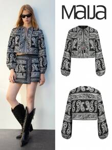 Maija Áo khoác cổ điển rộng rãi họa tiết Paisley đen trắng cho nữ, thời trang và đa năng cho kỳ nghỉ đầu xuân và mùa xuân - màu đen - Xem 1