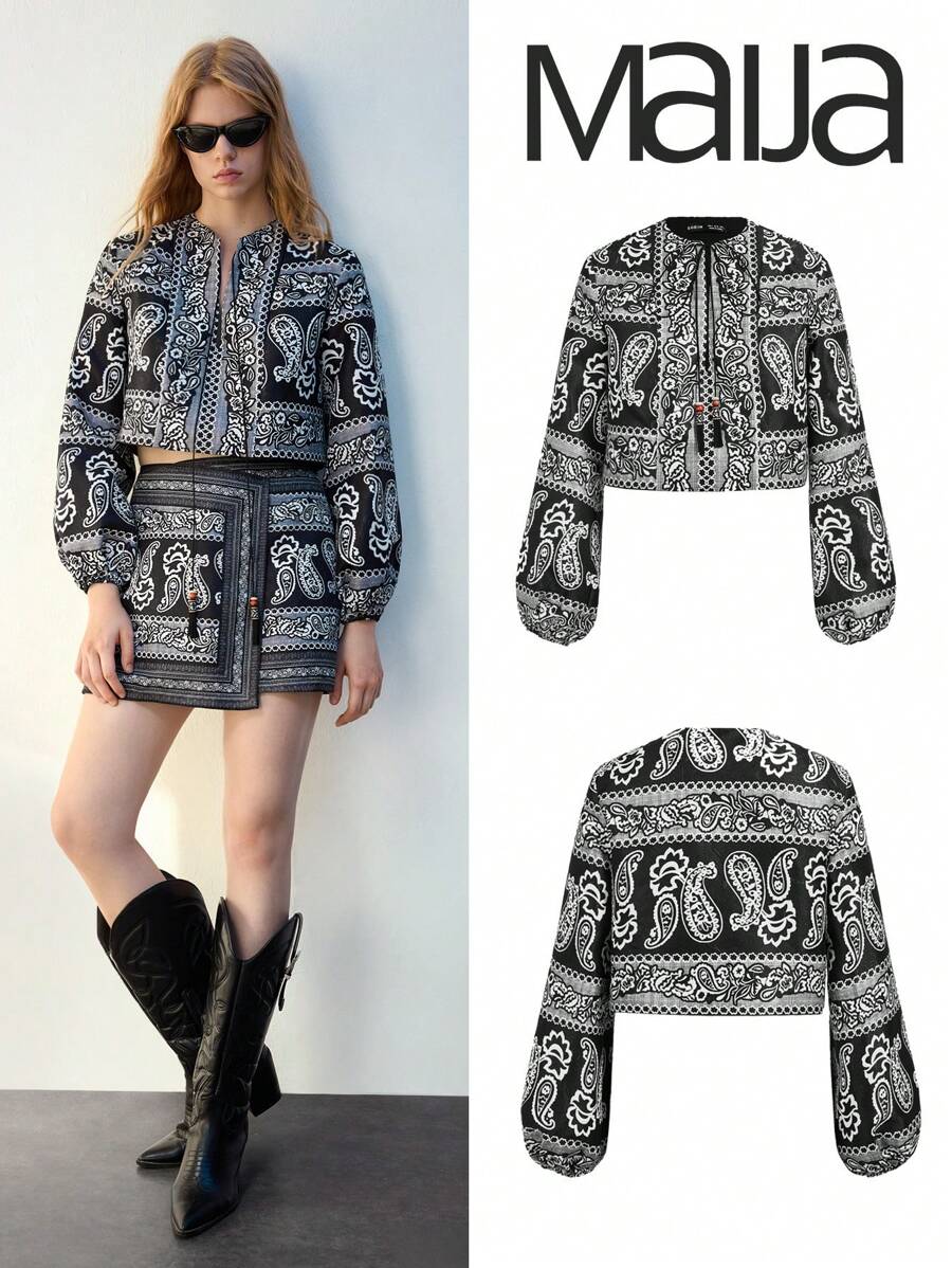 Maija Áo khoác cổ điển rộng rãi họa tiết Paisley đen trắng cho nữ, thời trang và đa năng cho kỳ nghỉ đầu xuân và mùa xuân - màu đen - Xem 1