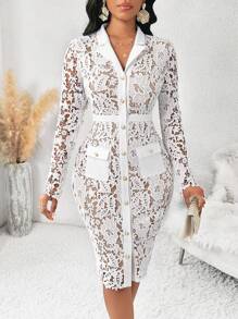 SHEIN Lady Vestido de convidado de casamento de primavera e verão, elegante, branco, manga comprida, contraste, renda, vestidos femininos - Multicolorido - Ver 5