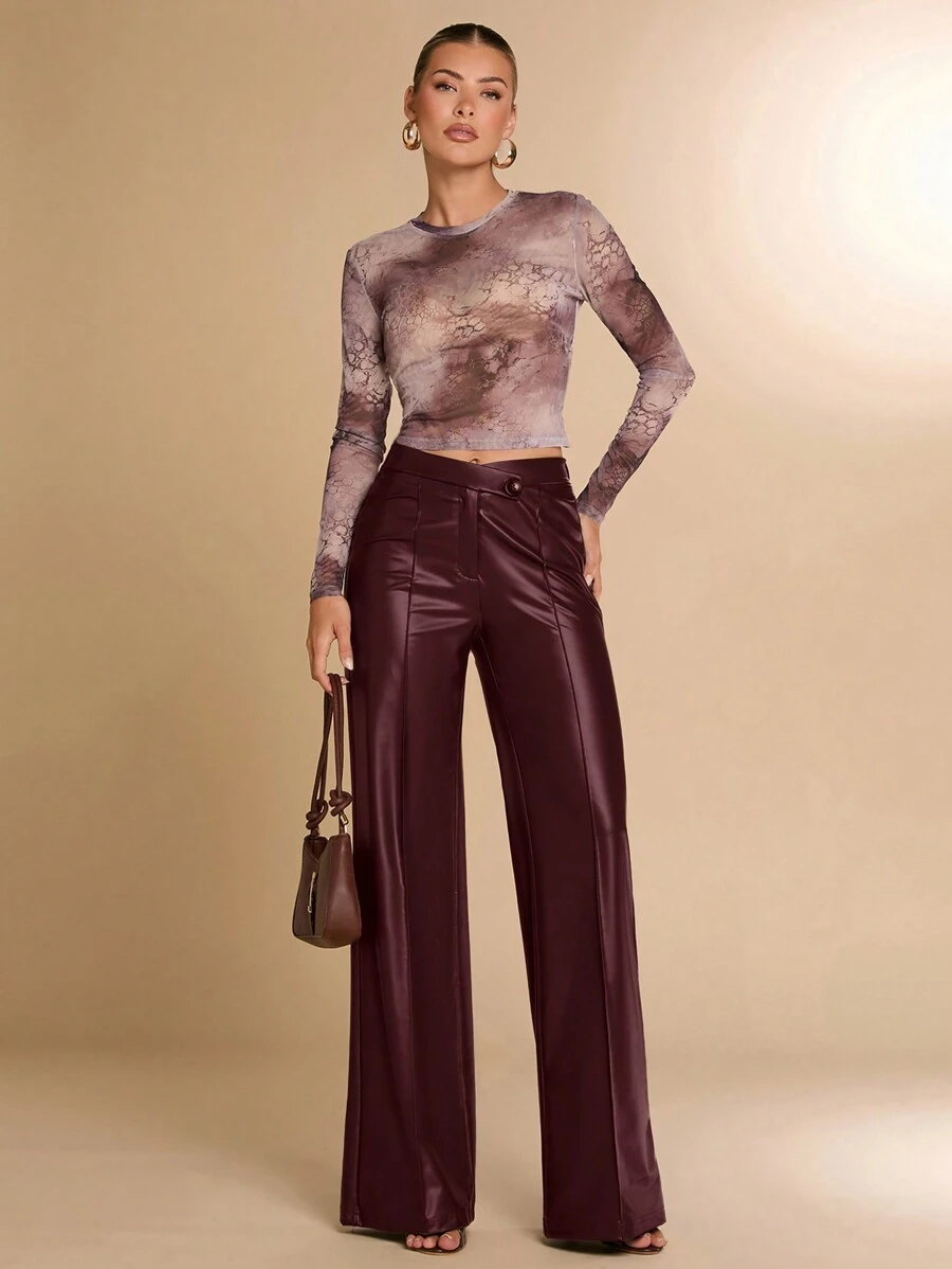 SHEIN BAE Brown PU Leather Pants, Asymmetrical Waistline Wide Leg Pants, Elegant Women Palazzo Trousers For Casual Outing, Club Wear, Chocolate - Burgundy - View 1