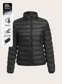 SHEIN EZwear Lightweight Stand Collar Slant Pocket Down& Feathers Coat For Women, Winter Clothes