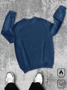 Manfinity Hypemode 男士休闲标语印花圆领羊毛运动衫，秋冬 - 藍色 - 查看 2