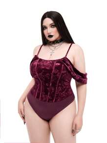 Whyspr 深色朋克哥特风格天鹅绒压花圣诞派对紧身衣 - 酒紅色 - 查看 6