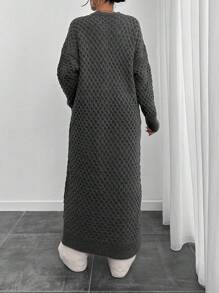 RueChic Elegant Texture Cable Knit Drop Shoulder Crew Neck Cardigan With Pcoket And Button - Apricot - View 3