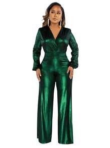 女士时尚金属 V 领长袖收腰灯笼袖连体裤，休闲日常穿着