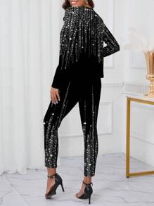 SHEIN Clasi 2 件套女士休闲简约仿珍珠印花长袖上衣和裤子套装，适合秋季 - 彩色 - 查看 4