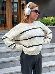 EURMUSE Autumn/Winter Casual Loose Drop Shoulder Contrast Color Striped Sweater - Black and White - View 4