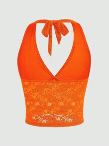 INAWLY 女士纯色蕾丝拼布吊带露背背心 - 橘色 - 查看 2