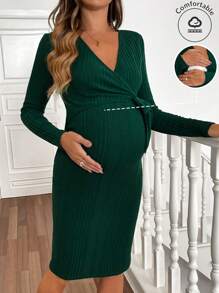 SHEIN 1pc Pregnant Women V-Neck Solid Color Long Sleeve Side Knot Fitted Elegant Dress, Autumn, For Maternity