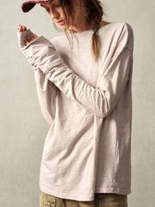 Bohemela 大码女式纯色船领落肩长袖休闲T恤 - 米色 - 查看 4