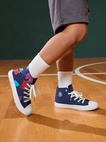 Fashionable High-Top Map Print Vulcanized Canvas Shoes For Kids, Versatile For All Seasons And Casual Styles