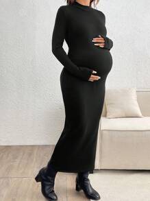 SHEIN 孕妇优雅纯色圆领长袖连衣裙，修身款式，秋季