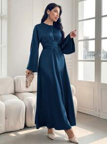 Modelyn Women's Solid Color Satin Finish Elegant Waist Cinched Dress,Elegant Evening Party Dress Long Evening Dresses