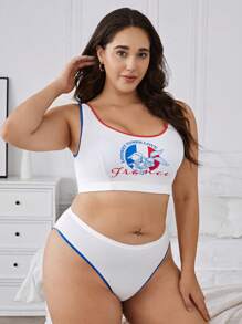 LOONEY TUNES X SHEIN Ensemble de soutien-gorge et culotte imprimé de dessin animé blanc et confortable grande taille