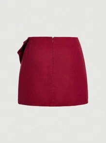 SHEIN MOD Söt mini Röd Jean-kjol för kvinnor med rosett, julrosett, vinterkläder för kvinnor, röd minikjol, julklänning för kvinnor, julkjol, julfest damkjol, nyårskjol, julkläder, vinröd kjol med rosett - Röd - Visa 2