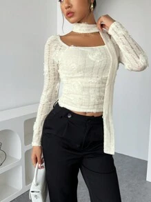Chiquease Elegante top a collo alto bianco a maniche lunghe con decorazioni floreali 3D per donna, vestibilità slim, adatto per primavera e autunno - Albicocca - Visualizzare 5