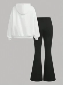 Conjunto de sudadera con capucha de punto informal y pantalones acampanados de punto estilo casual callejero para niña