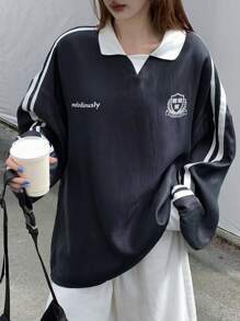 DAZY 1pc Women Casual Side Stripe Drop Shoulder Long Sleeve Loose Sweatshirt, Autumn - Blue - View 2