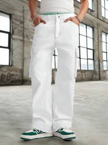 Manfinity VCAY Men's Loose Straight Leg Woven Cargo Pants - White - View 3