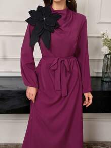 Modelyn Women 3D Floral Cinched Waist Waist Long Dress, Elegant Long Evening Dresses - Red Violet - View 1