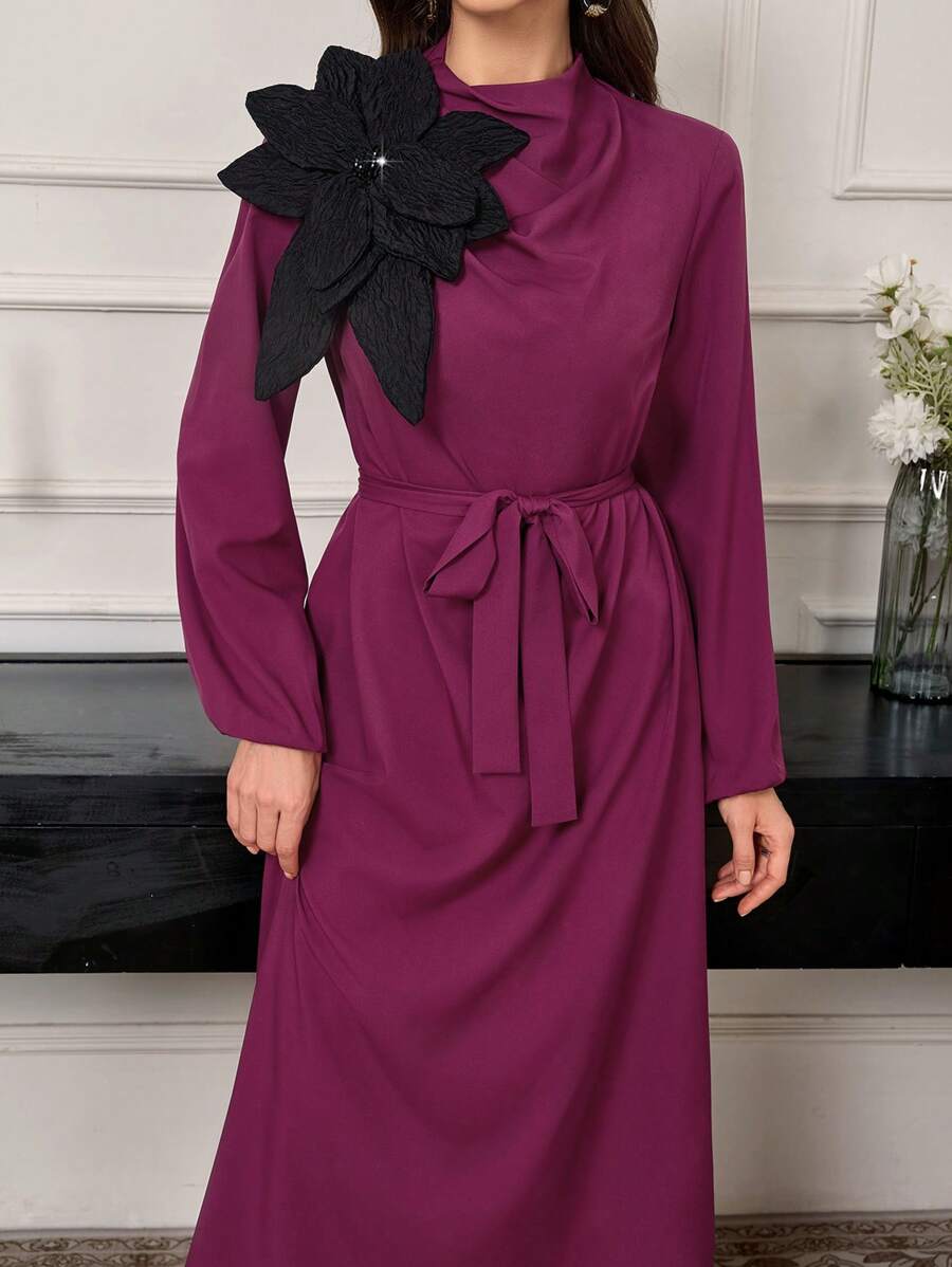 Modelyn Women 3D Floral Cinched Waist Waist Long Dress, Elegant Long Evening Dresses - Red Violet - View 1