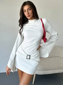 Aloruh Women's Stand Collar Metal Decor Fitted Mini Dress With Flared Sleeves - White - View 3