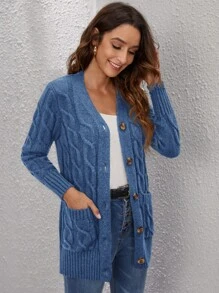 SHEIN LUNE Women's Solid Color Long Sleeve Single-Breasted Pocket Loose Casual Cardigan Sweater, Autumn/Winter