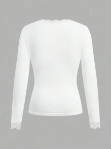 SHEIN EZwear White Casual Deep V-Neck Lace Trim Fitted Long Sleeve T-Shirt, Suitable For Autumn/Winter - White - View 2