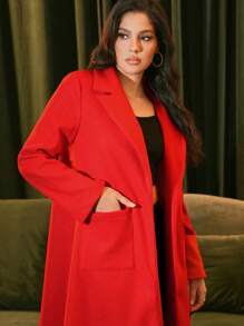 Zolique Women Casual Solid Color Patchwork Pocket Long Overcoat - Red and White - View 4